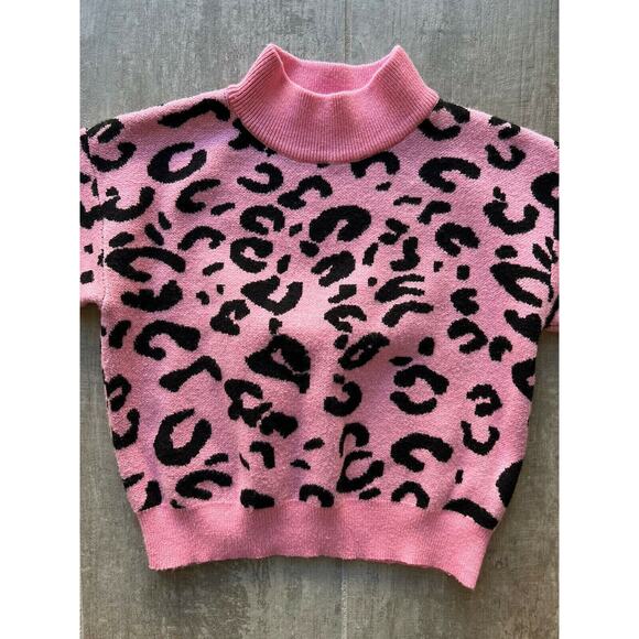 Toddler Kids Knit Leopard Print Pink Black Sweater Top Mock Neck Soft Stretch 2T - Picture 5 of 9